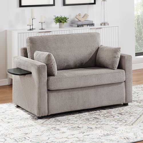 Twin Sofa Bed Sleeper Loveseat with Foldable Mattress USB, Grey+Brown | Space-saving bed for guest room or apartment, compact footprint, easy pull-out design, convenient device charging - color: Grey+brown