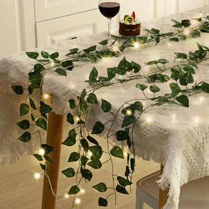 CEWOR 14 Pack 98ft Fake Ivy Vines, Artificial Ivy Garland with 100 LED String Lights, Hanging Plants Greenery Backdrop Green Leaves for Bedroom Room Wall Decor Wedding Party Table Decoration - size: 98ft+100led