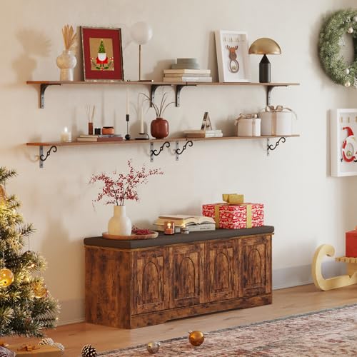 Long Wall Shelves, 47.3Inch Wooden Wall Mounted Shelves, Set of 2 | Large Floating Book Shelf, Metal Brackets, Easy Assembly, Max Load 33lbs, Wall Storage Ledges, Bedroom/Bathroom, Rustic Brown - color: Rustic Brown, size: 47.3 Inch