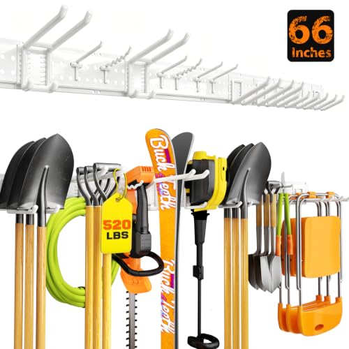 Garage Tool Organizer Wall Mount 66 inches with 13 Adjustable Heavy-Duty Hooks, Garage Organization, Garden Tool Storage Rack for Garage,Yard,Shed, Holds Up to 520 lbs,White - color: White, size: 64" | 4 Panels + 13 Hooks
