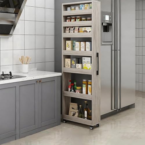 Slim Rolling Storage Cart, Narrow Kitchen Storage Rack with Wheels, Tall Gap Organizer Shelf for Small Spaces, 7-Tier Movable Food Cabinet for Refrigerator Side - color: Light Gray Wood, size: 5.9"x19.7"x72.4" (15x50x184cm)