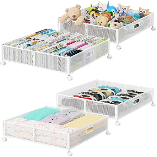 Under Bed Storage with Wheels & Handle,Metal,Large,4 Pack,White | Tool-free assembly,glide smoothly,easy reach,foldable,maxmazie low-profile beds,dorm,keep seasonal clothes,shoes,sockes fresh - color: White, size: 4 Pack(23.6×23.6")