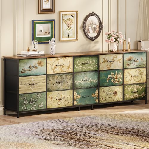 Dresser for Bedroom Chest of Drawers Fabric Dresser for Closet, Nursery Entryway Hall Tree TV Stand for Living Room Retro Floral Pattern Wooden Top (15 Drawers) - size: 13"D x 78.7"W x 26.8"H (15 Drawers)