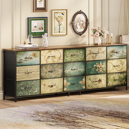 Dresser for Bedroom Chest of Drawers Fabric Dresser for Closet, Nursery Entryway Hall Tree TV Stand for Living Room Retro Floral Pattern Wooden Top (15 Drawers) - size: 13"D x 78.7"W x 26.8"H (15 Drawers)