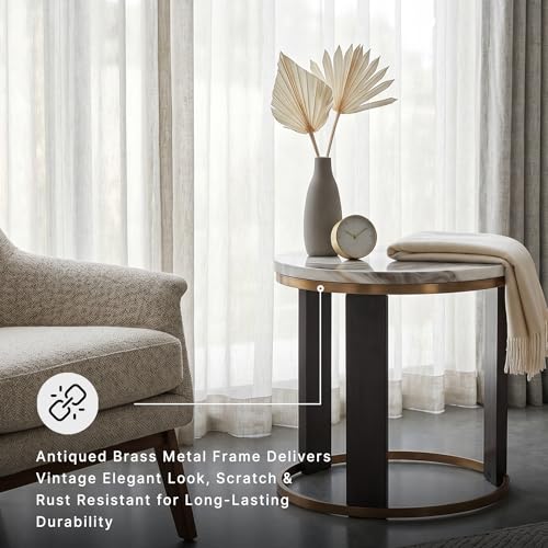 Signature Design by Ashley Jazmore End Table, 24 Inch Round Faux Marble Accent Side Table with Antiqued Brass Finished Metal Frame and Replicated Walnut Wood Legs, White & Black - color: Brown/Brass Finish