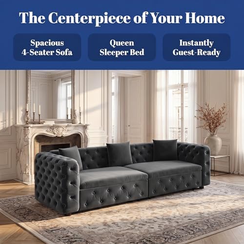 89" 4-Seater Queen Size Pull Out Sofa Bed with 3 Pillows, Gray | 4-Seater Classic Velvet Sofa with Tufted Design,3 Pillows,89" Extra Large 3-in-1 Pull Out Sofa - color: Q-dark Gray-w02