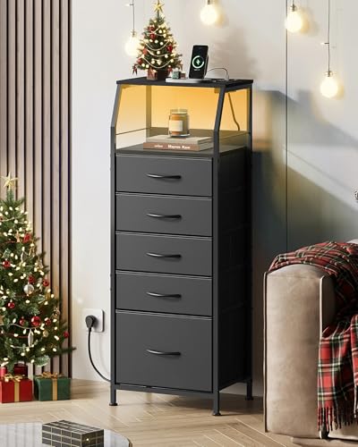 WLIVE LED Nightstand with Charging Station, Fabric Dresser with 5 Drawers for Bedroom, Tall Night Stand with Open Shelves, Bed Side Tables Living Room, Black - color: Black, size: 5 Drawers