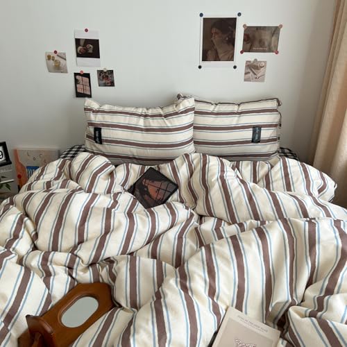 Striped Duvet Cover Twin Size Brown Blue Stripes Bedding Set Retro Striped Geometric Pattern Duvet Cover Set Soft Lightweight Microfiber Quilt Cover with Zipper Closure and 1 Pillowcase - color: Brown Blue Striped, size: Twin (1 Duvet Cover + 1 Pillowcase