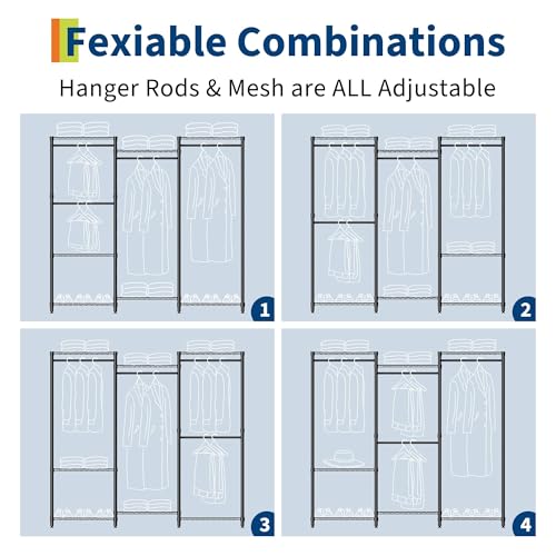 Freestanding Heavy Duty Garment Rack with Adjustable Shelves and Hanging Rods, Large 1630 Lbs Capacity Portable Closet Organizer for Bedroom or Cloakroom Storage, Black - size: (2x3x2)67.6"D x 15.5"W x 76.5"H