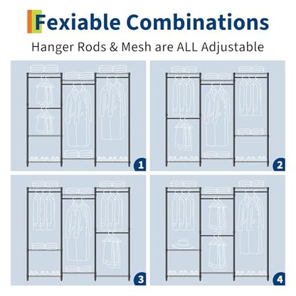 Freestanding Heavy Duty Garment Rack with Adjustable Shelves and Hanging Rods, Large 1630 Lbs Capacity Portable Closet Organizer for Bedroom or Cloakroom Storage, Black - size: (2x3x2)67.6"D x 15.5"W x 76.5"H