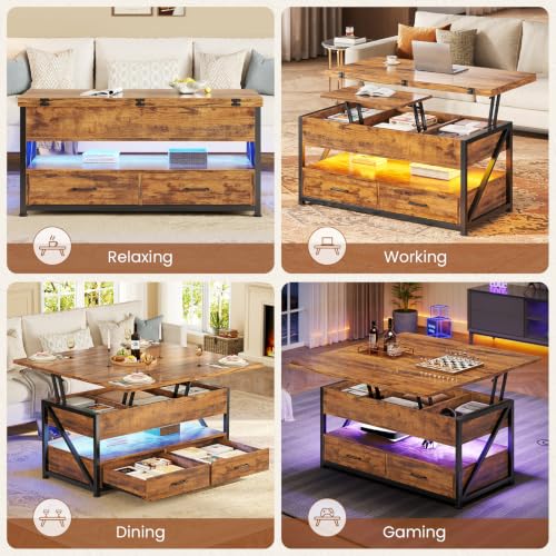 Itaar 40" Lift Top Coffee Table with 2 Drawers Storage for Living Room | Rustic Brown 4 in 1 Expandable Coffee Table with 2 Drawers & LED Light & Hidden Compartmen for Dining Living Room Table - color: Rustic Brown 2
