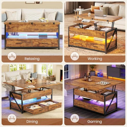 Itaar 40" Lift Top Coffee Table with 2 Drawers Storage for Living Room | Rustic Brown 4 in 1 Expandable Coffee Table with 2 Drawers & LED Light & Hidden Compartmen for Dining Living Room Table - color: Rustic Brown 2