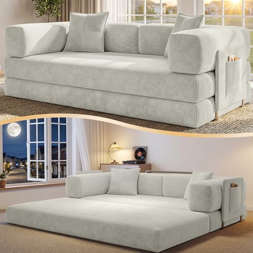 78.8" Convertible Futon Sofa Bed, Boneless Couch for Living Room | Corduroy Boneless Loveseat Sleeper Sofa, Modular Futon Couch with Storage Pocket, Pull Out Couch No Assembly | White - color: White