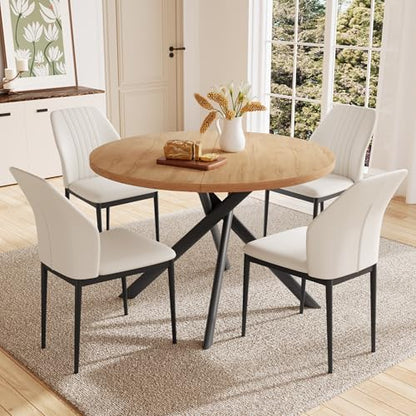 HIPIHOM 45.3 Inch Round Dining Table Set for 4, Mid Century Modern Small Kitchen Coffee Set for Dining Room Kitchen Apartment (Oak Table + 4 White Chairs) - color: Oak Table+4 White Chairs
