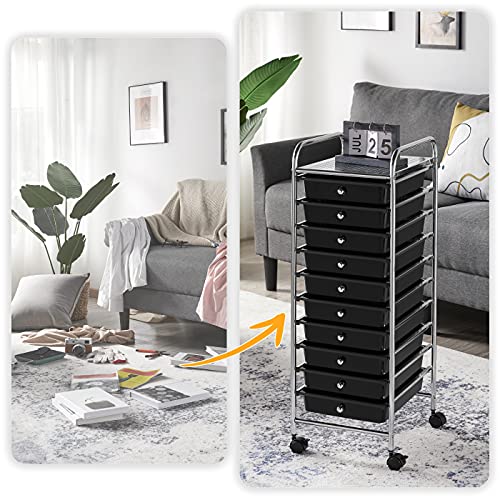 Yaheetech 10-Drawer Rolling Storage Cart with Wheels, Slim Organizer, Black | Ten see-through drawers plus a top shelf organize craft, office, and art gear; slim steel frame, locking wheels, easy setup. - color: Black, style: 10 Drawers