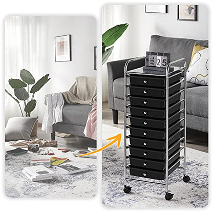 Yaheetech 10-Drawer Rolling Storage Cart with Wheels, Slim Organizer, Black | Ten see-through drawers plus a top shelf organize craft, office, and art gear; slim steel frame, locking wheels, easy setup. - color: Black, style: 10 Drawers