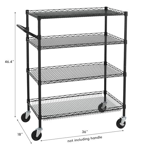 Finnhomy 4 Tier Heavy Duty Commercial Grade Rolling Cart with Handle Bar, Metal Wire Utility Cart with Wheels, Service Trolley on Wheels, Shelf Size 18" D x 36" W, NSF, Black - size: 36"L x 18"W x 46.4"H-4 Tier, style: Black Cart