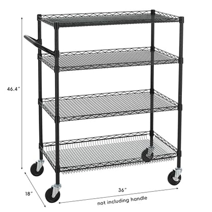 Finnhomy 4 Tier Heavy Duty Commercial Grade Rolling Cart with Handle Bar, Metal Wire Utility Cart with Wheels, Service Trolley on Wheels, Shelf Size 18" D x 36" W, NSF, Black - size: 36"L x 18"W x 46.4"H-4 Tier, style: Black Cart