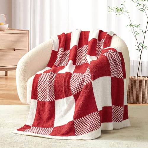 Snuggle Sac Checkered Blanket, Red Throw Blanket for Couch Buffalo Plaid Microfiber Fluffy Warm Cozy Fuzzy Soft Throw Blanket Reversible Checkerered Blankets for Sofa, Chair, Bed, 50x60 inches - color: Checker Red White, size: Throw(50"x60")