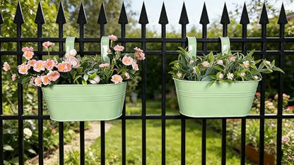 2 Pack 10" Balcony Hanging Metal Fence Planters Flower Pots, Mint Green | Removable hook, Drainage hole, Rustproof, For flowers / herbs / succulents, veggies, For railings / fences / balconies - color: Mint Green