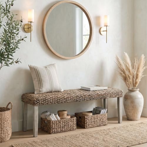 Solid Acacia Wood Bench with Natural Woven Water Hyacinth Seat, Grey Leg | Plait Style, Farmhouse, Rustic, Boho, Coastal for Living Room or Entryway - color: Plait - Grey Leg & Water Hyacinth