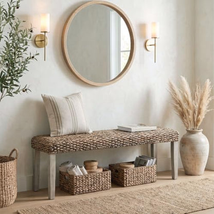 Solid Acacia Wood Bench with Natural Woven Water Hyacinth Seat, Grey Leg | Plait Style, Farmhouse, Rustic, Boho, Coastal for Living Room or Entryway - color: Plait - Grey Leg & Water Hyacinth