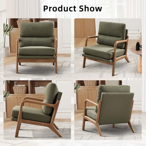 IOMOR Mid Century Modern Accent Chair, Linen Fabric Upholstered Lounge Arm Chair with Solid Wood Frame and Soft Cushion for Living Room, Bedroom, Balcony (1, Green) - color: Linen Green