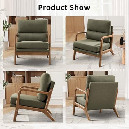 IOMOR Mid Century Modern Accent Chair, Linen Fabric Upholstered Lounge Arm Chair with Solid Wood Frame and Soft Cushion for Living Room, Bedroom, Balcony (1, Green) - color: Linen Green