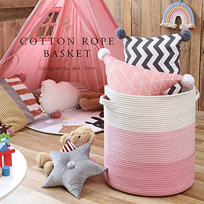 Sea Team Large Woven Cotton Rope Laundry Basket with Lid, 20 x 16 in | Collapsible Knitted Hamper with Handles, Lidded Closet Shelf Organizers for Clothing, Blankets, Toys, Bedding, Pink - color: White & Pink