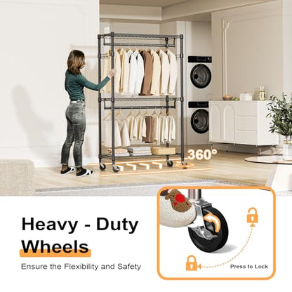 M MZG Heavy Duty Rolling Garment Rack 3 Tiers Adjustable Wire Shelving Clothes Rack with 2 Rods and Side Hooks,Storage Closet Clothing Rack with Wheels Black 15.7" D x 29.5" W x 74.5" H - color: Black, size: 3 Tier with 2 rod, 15.7"D x 29.5"W x 74.5"H