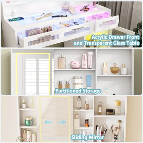 Hadulcet White Vanity Desk with Mirror and Lights, Makeup Vanity with Power Outlet & 10 Shelves, RGB LED Vanity with Drawers, 3 Modes Adjustable Brightness - color: White, size: 15.8"D x 42.9"W x 57.1"H