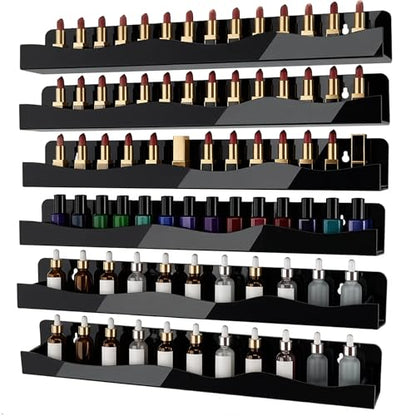 Nail Polish Wall Rack, 6-Shelf 15-Inch Black Acrylic Nail Polish Shelves with Removable Ends – Multi-Purpose Shelf for Essential Oils, Cosmetics Storage and Display for Salons and Bathrooms - color: Black