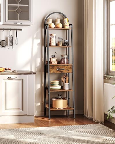 5 Tier Ladder Shelf with Drawer, Tall Ladder Bookshelf, Standing Bookcase with Metal Frame for Living Room, Bathroom, Home Office, Study, Balcony, Rustic Brown and Black TCJ07BF - color: Rustic Brown and Black