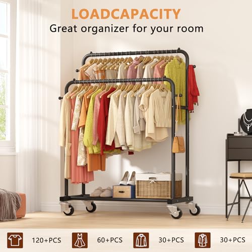 Laiensia Double Rods Garment Rack with Wheels, Clothing Rack for Hanging Clothes,4 Hooks, Multi-functional Bedroom Clothes Rack, Black - color: Black