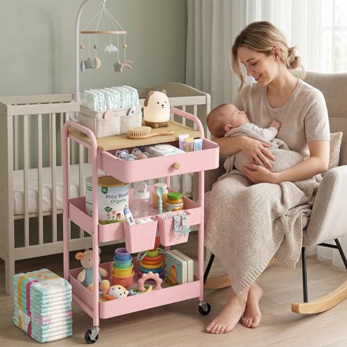 Rolling Cart with Drawers, Storage Cartwith Locked Wheels, Hooks & Hanging Cups for Any Room, Pink - color: Pink