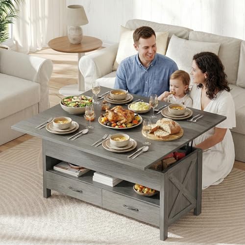 Amada 39" Lift Top Coffee Table with Drawer, Shelf, Hidden Storage, Grey | Modern farmhouse style, quiet and stable lifting system, CARB-certified, 4-in-1 table for dining, working, reading, relaxing - color: Wash Grey