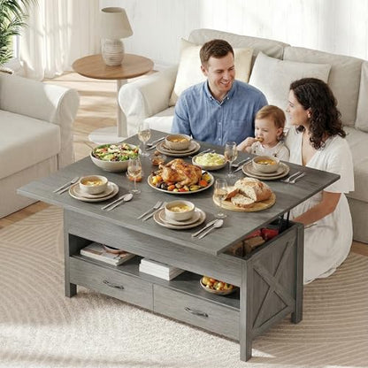 Amada 39" Lift Top Coffee Table with Drawer, Shelf, Hidden Storage, Grey | Modern farmhouse style, quiet and stable lifting system, CARB-certified, 4-in-1 table for dining, working, reading, relaxing - color: Wash Grey