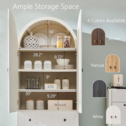 IFGET 71" Tall Arched Pantry Cabinet, Fluted Kitchen Storage Cabinet with Adjustable Shelves and 2 Large Drawers, Freestanding Morden Versatile Cupboard for Living Room, Bathroom, White - color: White