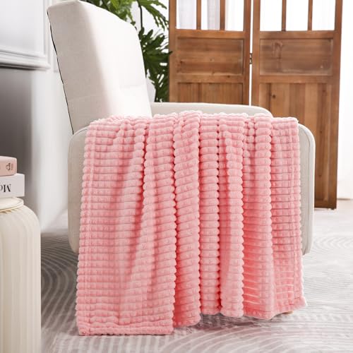 Puncuntex Fleece Throw Blanket Light Pink 50"×60" with Square Grid Design | Super Soft Plush Cozy Flannel Throw Blanket Luxury for Couch Sofa Chair - color: Light Pink, size: 50"×60"