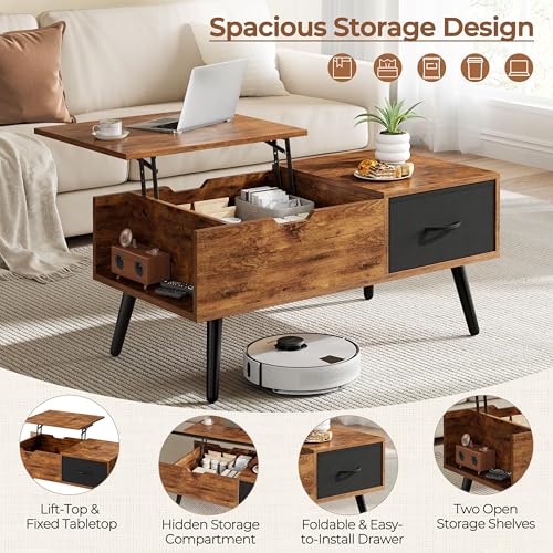 Yaheetech Coffee Table with Storage,39.5'' Lift Top Coffee Table,Hidden Storage Compartment,Foldable Drawer,Lift Tabletop Dining Center Table for Home Living Room Office,Rustic Brown - color: Rustic Brown