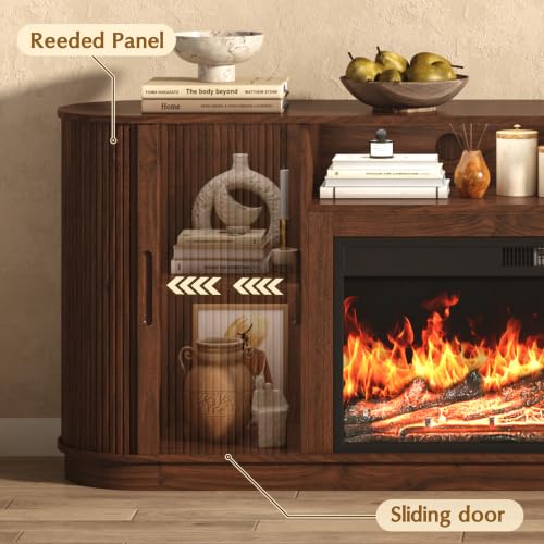 85.6" Fireplace TV Stand for TV Up to 90",Entertainment Center with 40" Electric Fireplace,Simulates 12 Flame Colors,Countertop with Power Outlet, Large Capacity, for Living Room,Walnut - color: Walnut