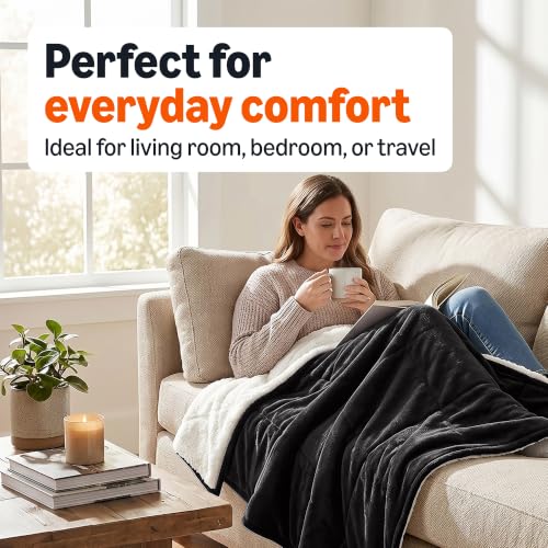 Amazon Basics Reversible Sherpa Throw Blanket, Warm, 50"x60", Black - color: Black, size: Throw (50"x60")