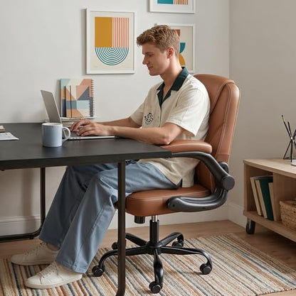 PU Leather Mid-Back Office Chair, Flip-Up Arms, 3.5" Dual-Layer Cushion | PU leather mid-back chair with 3.5" dual-layer cushion, flip-up armrests, swivel wheels, and pneumatic height adjustment - color: Brown