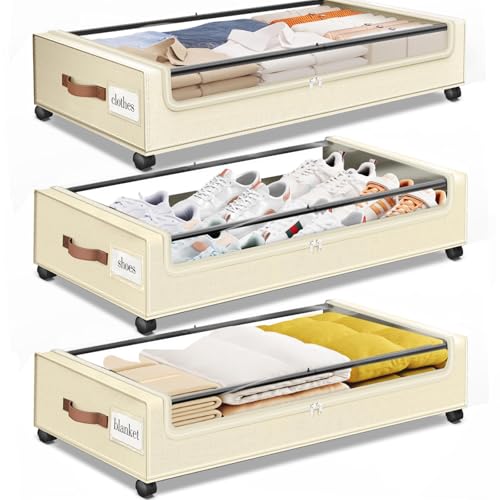 Under Bed Storage with Wheels 3Pack Storage Containers with Clear Window | Under Bed Drawers Rolling Under Bed Storage for Clothes,Shoes, Blankets (30.71 x 16.93 x 6.69 in, Beige) - color: Beige, size: 3 Pack