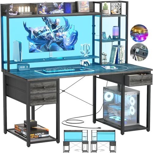 Aheaplus Desk with LED and Outlets, Gaming Desk with Hutch, 47.2'' Computer Desk with Drawers, Reversible office desk with storage bookshelf Large Workstation Desk with Shelf, Desk for Home, Black Oak - color: Black Oak, size: 47.2''