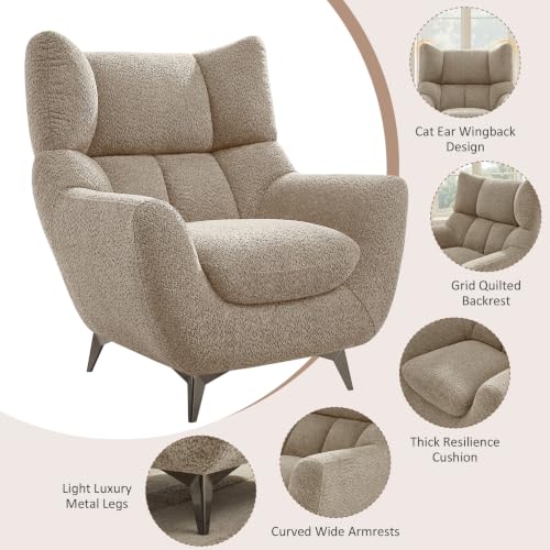 34.6" Oversized Accent Chair with WingBack, Teddy Boucle Camel | High Back, Wide Armrests, Metal Legs, Cozy Deep Seat Armchair , Reading Chair for Living Room, Bedroom, Apartment, Office - color: Camel, size: Set of 1