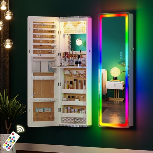 HNEBC Full Length Mirror with Storage, Wall Mounted Jewelry Cabinet with RGB Lights & Remote, Lockable Over Door Jewelry Organizer with Drawer, Foldout Makeup Tray 47.2" Hx14.5 Wx3.9 D, White - color: 93B-white