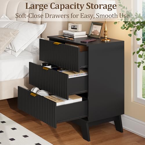 Fluted Nightstand with 3 Large Drawers, Wooden Side End Table with Elevated Legs for Easy Cleaning, Sturdy Modern Beside Table for Small Space, Bedroom, Black, 24" L - color: Black