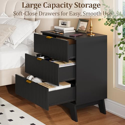 Fluted Nightstand with 3 Large Drawers, Wooden Side End Table with Elevated Legs for Easy Cleaning, Sturdy Modern Beside Table for Small Space, Bedroom, Black, 24" L - color: Black
