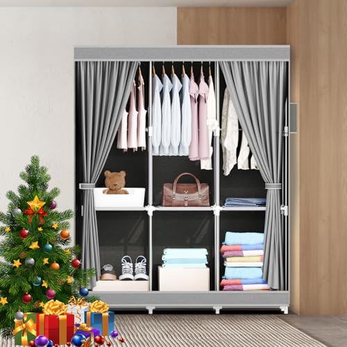 Portable Closet, Storage Organizer Wardrobe, Non-Woven Fabric Cover | 3 Hanging Rods, 6 Storage Shelves and Side Pockets, Free Standing Clothes Rack with Non-Woven Fabric Cover, Grey